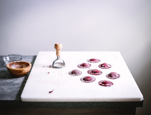 wevestill-gottime:Beet Ravioli w/ Mint, Ricotta, Peas & Lemon