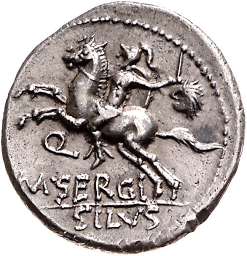 Roman denarius issued in 116/115 BCE by quaestor Marcus Sergius SilusObverse: Goddess Roma with helm