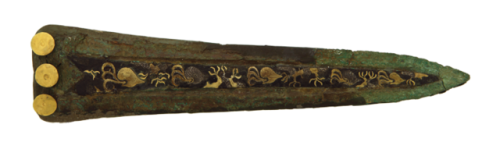 Gold and silver inlaid Mycenaean bronze dagger, Greece, 15th century BC.from The National Archaeolog