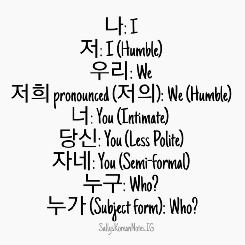 Important basic vocabulary to memorize. I, You, We, Who:나: I 저: I (Humble) 우리: We 저희 