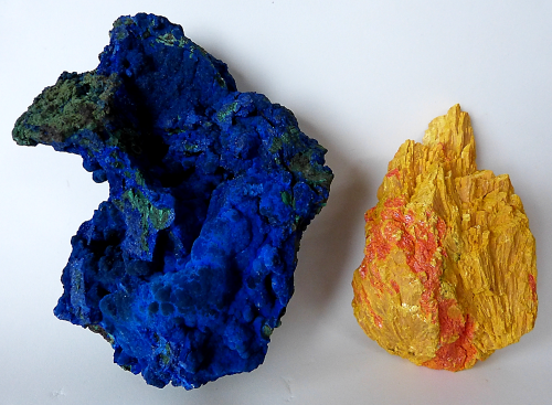 bootybreakfast:  rockon-ro:  AZURITE with MALACHITE (Copper Carbonate Hydroxide) from Liufengshan Mine, Anhui Province, China and ORPIMENT and REALGAR (Arsenic Sulfides) from the Altai Replublic in Russia sit side by side in my display cabinet. The rich