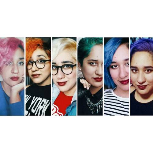annieelainey:  [Description: a horizontal grid of 6 portraits of Annie with different colored hair, 