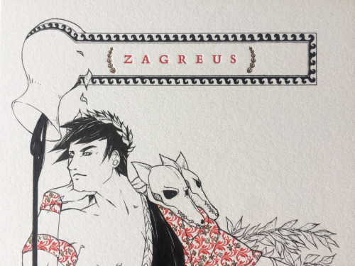 [image description: 7 photos of a combination letterpress and hand-drawn print of Zagreus from the g