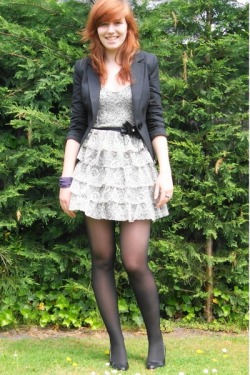 nylonpics:  Cute red head in black #tights