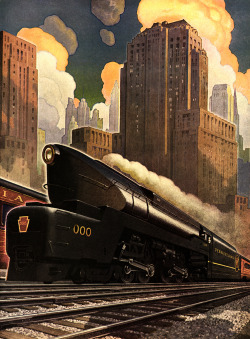 kafkasapartment:  1940s  Pennsylvania Railroad travel poster featuring the T1, the last steam locomotives built in the U.S. 