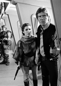 filmhall:  Carrie Fisher  &amp;  Harrison Ford  on the set of  Return of the Jedi  