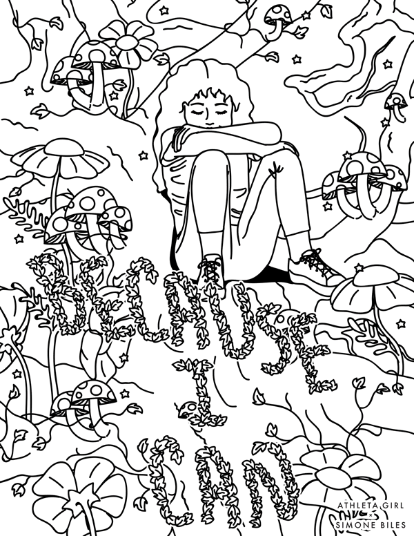 a coloring book type-image of a girl sitting among flowers and mushrooms that gets filled in with color as the gif plays.