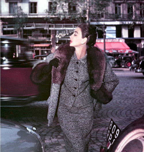 George Dambier, Dorian Leigh at Champs Elysées; wearing a suit by Lanvin Castillo, for ELLE H