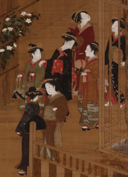 thekimonogallery:[detail] Seven women walking near a football court.  Color and gold on silk panel.  Second half 18th century, Japan, by artist Katsukawa Shunsho.  Gift of Charles Lang Freer . Freer Gallery of Art and Arthur M. Sackler Gallery