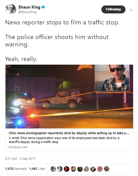 black-to-the-bones:A small Ohio news organization said one of its photographers was shot by a sherif