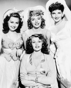 theritahaywortharchive:Adele Mara, Leslie Brooks,    Catherine Craig  and Rita Hayworth in a publicity photo for You Were Never Lovelier, 1942