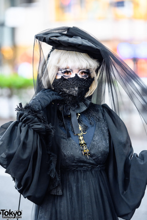tokyo-fashion: Japanese shironuri artist Minori on the street in Harajuku wearing dark handmade, rem