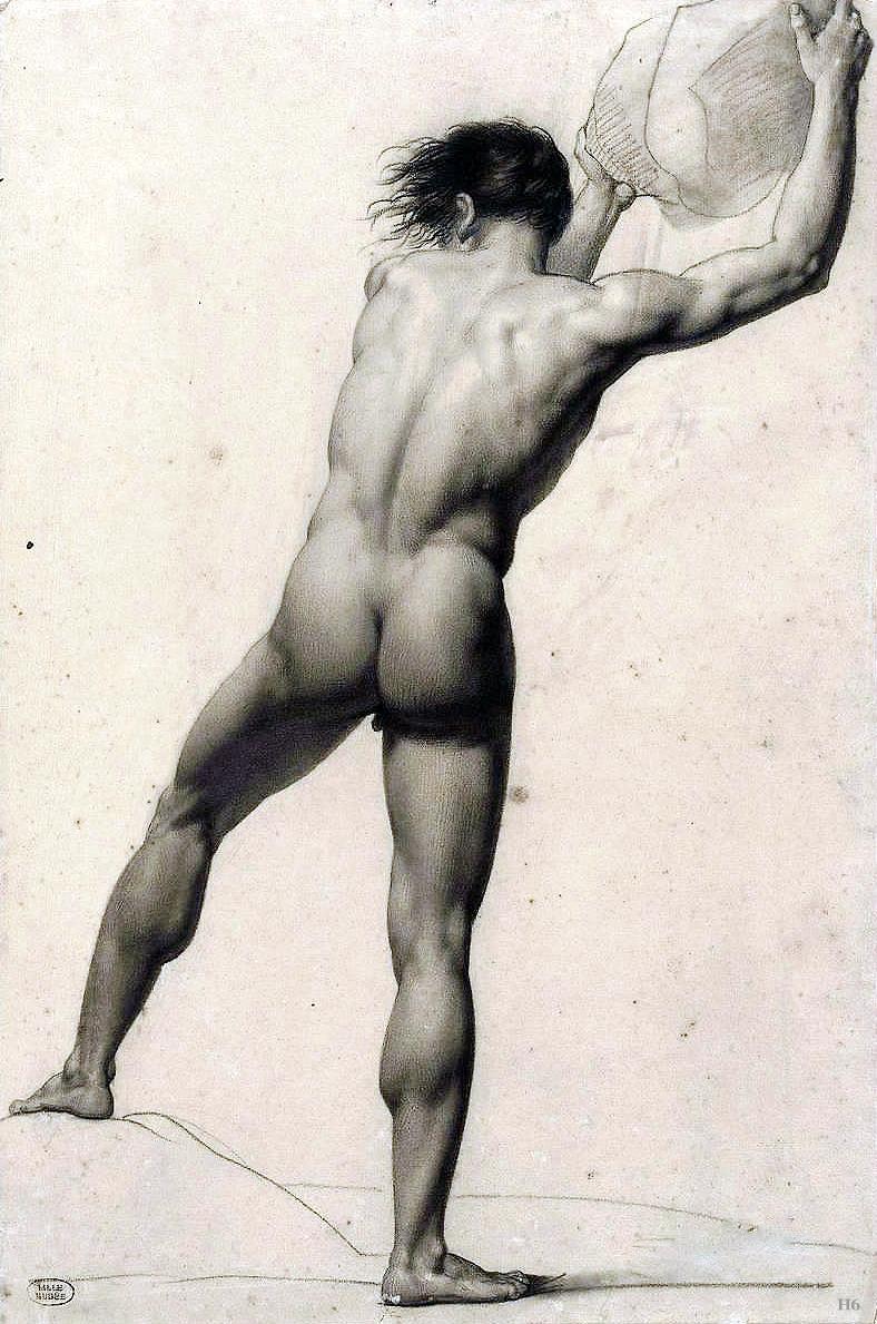hadrian6:  Academic Study - Man Seen from behind holding an object.  19th.centuryJean