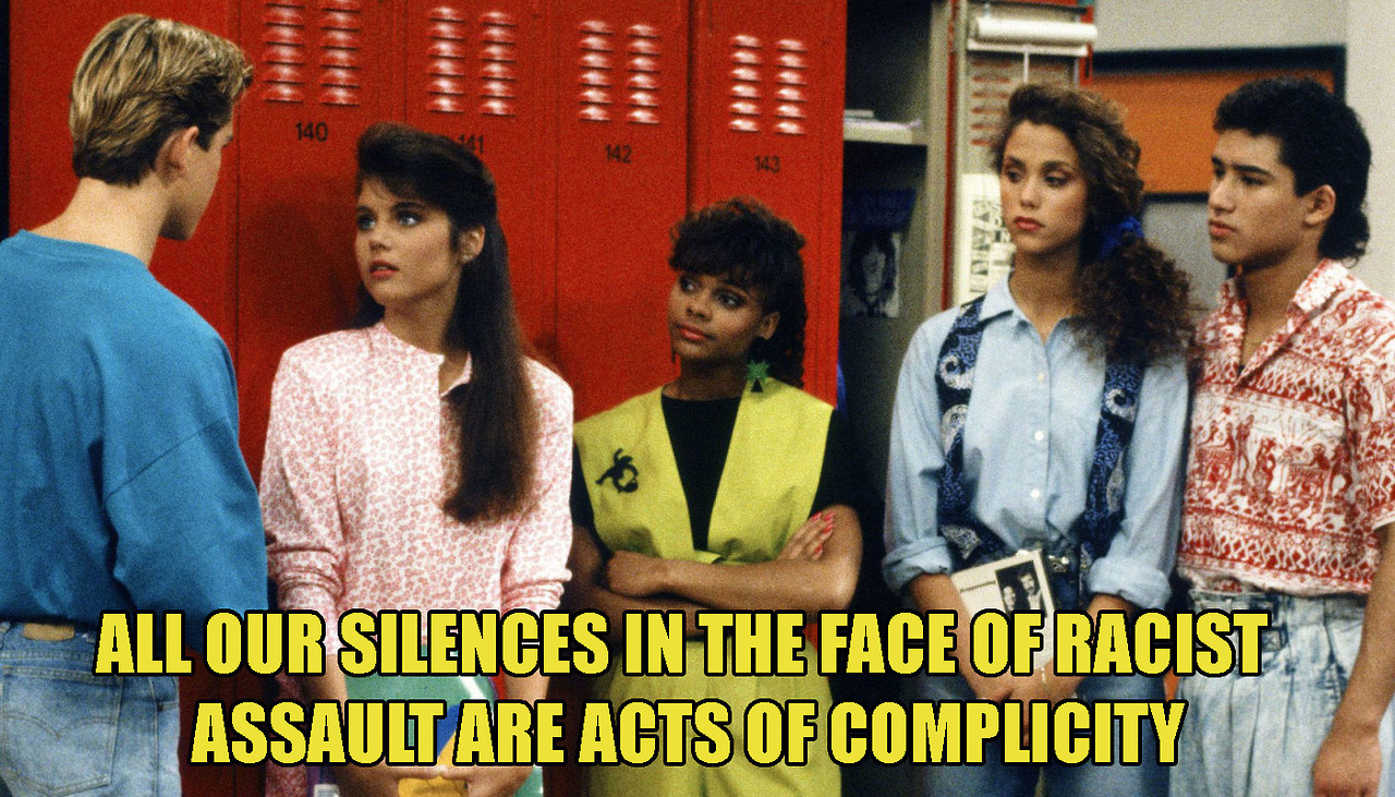 savedbythe-bellhooks:
“ Source: Killing Rage: Ending Racism by bell hooks
Image description: A still image from the 90’s TV sitcom Saved By The Bell. Kelly, Lisa, Jessie and Slater are standing in front of the lockers, looking toward Zack as he...