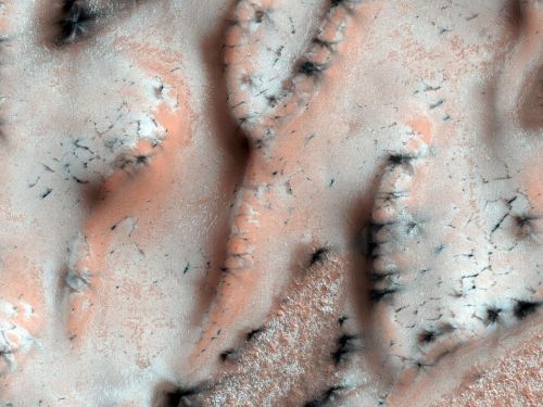 Sublimation of ice (= going directly from ice to gas) during Mars’ spring.