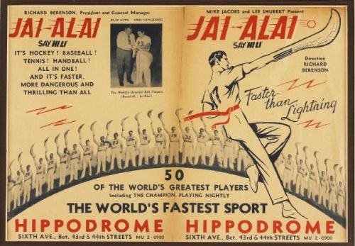1938 poster for a jai alai exposition at New York’s Hippodrome, featuring Babe Ruth.