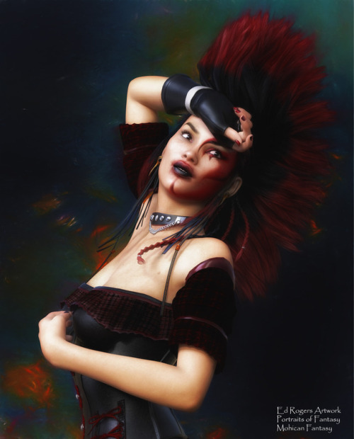 Mohican fantasy, a leather corseted punk / cosplay fantasy portrait with a mohawk hairstyle