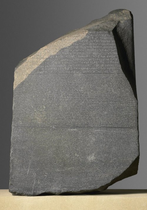 Rosetta Stone. Part of grey and pink granodiorite stela bearing priestly decree concerning Ptolemy V