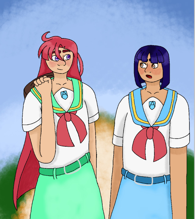 a drawing of asuka and yuriko from pretty cure walking to school together. yuriko is talking while asuka smiled at her