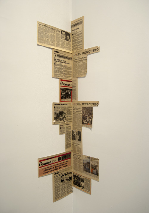 museumuesum:Juan DowneyCorner, 1985Newspaper clippings on wall, Articles from Granma (leftist Cuban 