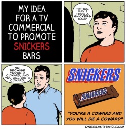 onegianthand:My idea for a TV commercial to promote Snickers bars