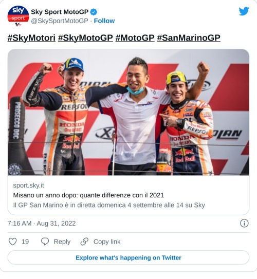 #SkyMotori #SkyMotoGP #MotoGP #SanMarinoGPhttps://t.co/1zBX90iWD7  — Sky Sport MotoGP (@SkySportMotoGP) August 31, 2022