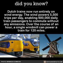 did-you-kno:Dutch trains now run entirely on  wind energy. The wind powers 5,500  trips per day, enabling 600,000 daily  train passengers to commute without  any emissions. Over the course of an  hour, a single windmill can power a  train for 120 miles.