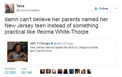 black-to-the-bones: Her name is    Ifeoma White-Thorpe. DON’T CALL HER NEW JERSEY TEEN.  How hard is it to say her name? I don’t be clicking them links anyway, so you might as well say her name. If I am intrigued enough to wanna know more Ima