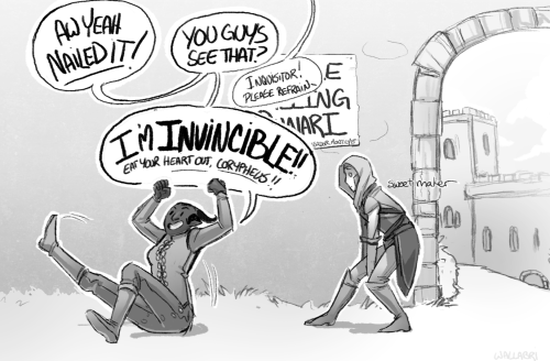 wallabri:  okay i know there’re a lot of  ’no fall damage in skyhold’ jokes already but after landing on or near so many good inquisition soldiers from great heights i just had to those poor, long-suffering inquisition personnel  