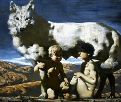 hadrian6: Romulus and Remus.  Alexander Novoselov. Russian b. 1980-       oil/canvas.    http://hadrian6.tumblr.com