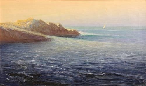 Rocky shore with sailboat in the distance, believed to be San Francisco coast , 1910Ferdinand Burgdo