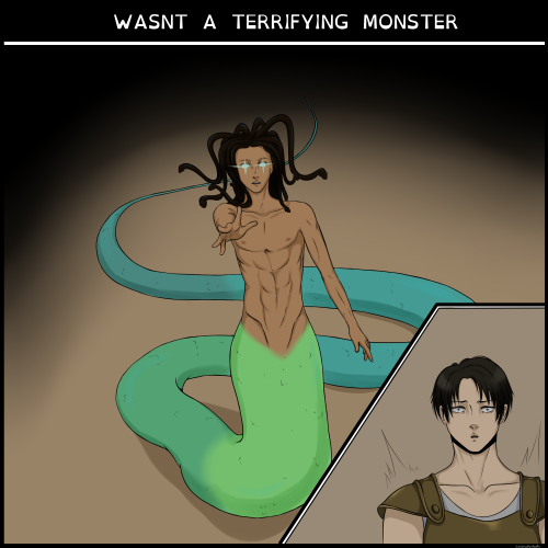 jean-huh-kirschnickerdoodle:  ERERI WEEK :: MYTHOLOGYfull view herei always really loved the whole medusa was so fucking hot that anyone who laid eyes on her turned to stone. so, gorgon!eren. But then Levi shows up, and he doesn’t turn to stone because