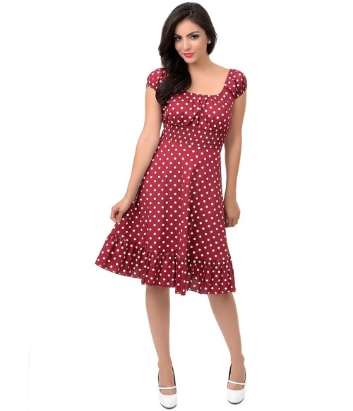 1940s Style Burgundy & White Polka Dot Peasant...