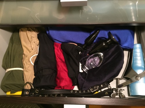 kinkythingsilike: Next stop on the guided tour of the Kinky Things I Own. This post covers the rest of the stuff in the dresser.  Photo One: The second drawer. This is stuff I also use fairly often but is bulkier than the stuff in drawer one. My estim