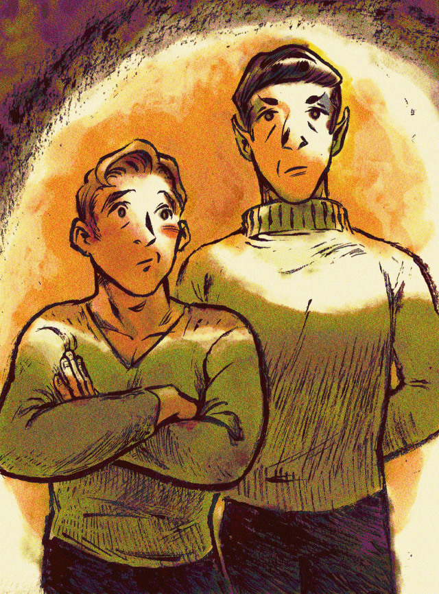 “ Second star to the right … And straight on ‘til morning. ” #star trek tos #spirk#spock#kirk #the og otp  #i hate the jjabrams movies with a fiery passion this isnt about them  #a while back i binged the entire original series & all its movies (yes ALL of them even the bad ones)  #and boy what an emotional journey for these two  #so i kinda wanted to just do a little series of drawings cataloging their personal journey  #how they change each other and change through each other  #all the way from odd couple to old married couple  #and the various deaths and rebirths in between  #i highly recommend watching it all if you havent  #join them and go where no one has gone before  #into the most charged cosmic depths of    G A Y    S P A C E  #(i love it there)  #anyway posting this now bc u guys validated me by liking my silly kirby/tos crossover  #(p.s. i called some of the tos movies bad but there are air quotes around that)  #(like YES they are objectively bad pieces of Cinema but also YES they are iconic and essential and Good in that specific campy tos way)  #(even the quote-unquote worst tos movie -- you know the one -- is better than any of the abrams movies at the end of the day)  #((i need that director man to stop getting employed jfc like nepotism will you never cease))  #((((sorry ive missed tags since using twitter so im goin ham on them now))))