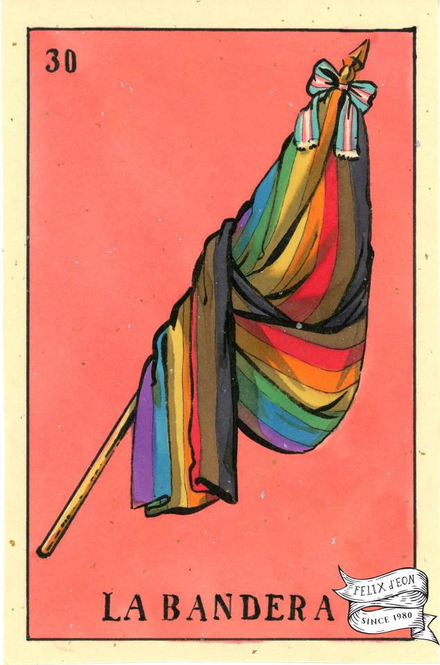 I decided to repaint the "La Bandera" card from my queer version of the traditional Mexican game of Lotería as the POC Pride...