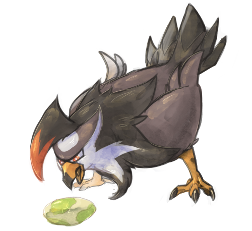 A staraptor is leaning over, screaming at an egg.