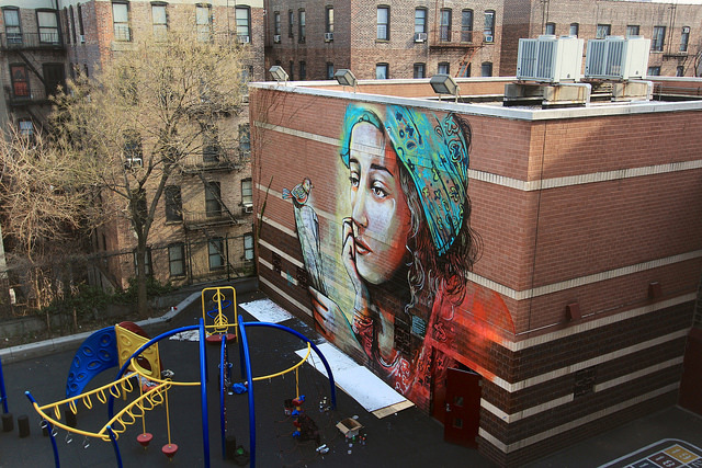 Alice Pasquini - New York on Flickr.
Last wall of three mural story. In Inwood, Manhattan.