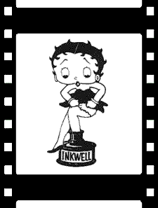 GIF of a black and white Betty Boop putting her leg back in the inkwell.