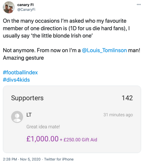 Louis’ donation to a JustGiving page that will donate Football Index dividends to the charity FareSh