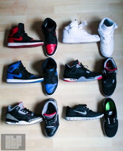 itsallabouttheshoe:  Nike Rotation by Pascal Gasz Nike Air Jordan 1 Bred and Royal Blue Nike Air Force 1 White Nike Air Jordan 4 Bred Nike Air Jordan 3 Black Cement Niker free 5.0 Black FOLLOW US: itsallabouttheshoe.tumblr.com 