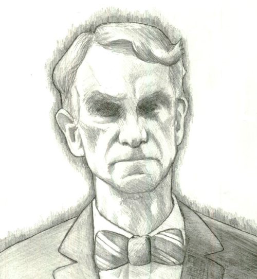 I had felt like doing this for a while, a portrait of Bill Nye during his debate with Ken Ham. There was that one shot they used a few times, with Nye, eyes shaded as he stands in the background watching Ham, which was just completely badass.
I kind...