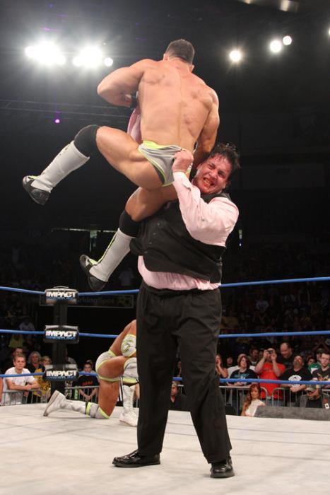 rwfan11:  “MR. Pectacular” (Jessie Godderz ) - gets his cheeks exposed during a chokeslam! ….and what beautiful cheeks they are! :-)