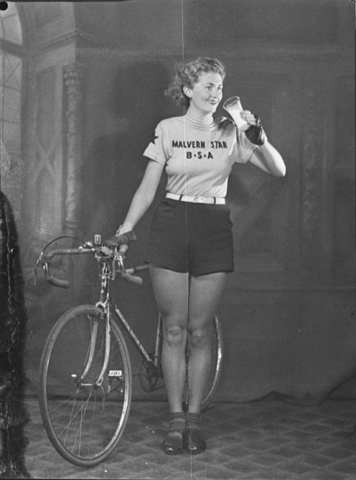 classicvintagecycling: Joyce Barry, Malvern Star BSA, advertising milk, September 1939. Barry was a 