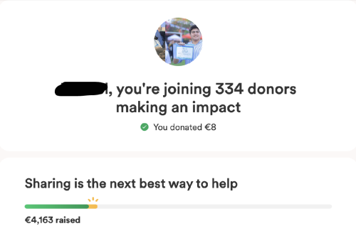 a screenshot from gofundme with a picture of a young man (omar) and text that reads: “you’re joining 138 donors making an impact. you donated . sharing is the next best way to help. €4,168 raised.