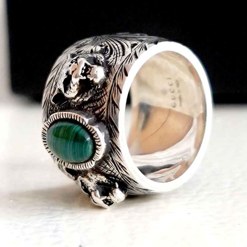 Brand new size 19 GUCCI 925 sterling silver tiger head green Stone Gemstone ring ring Italian luxury brand Shop Travel Genius Vintage store General Rings Pinkoi