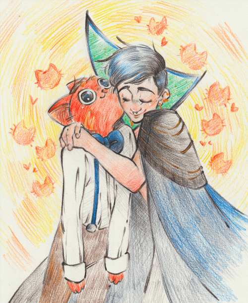 Felix and Eugene from Drawtectives drawn with crayons. Eugene is giving a tender hug to a very limp but happy Felix.