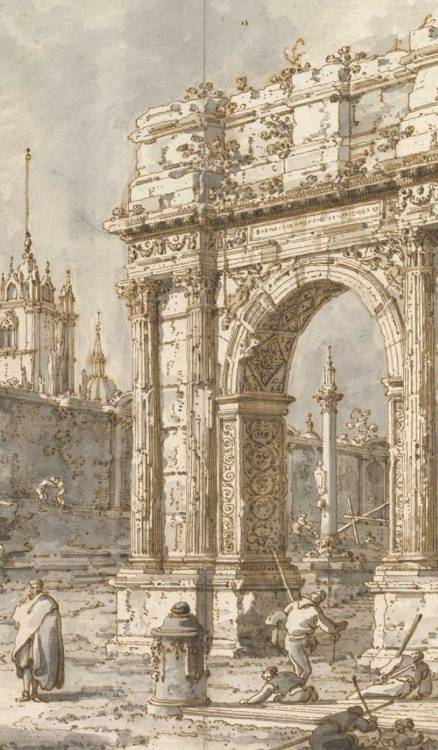 vivalcli:Capriccio with a Roman Triumphal Arch c. 1720-30. Canaletto (Giovanni Antonio Canal)