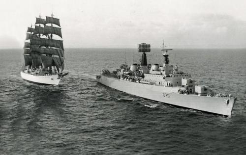 blogmachineimages:  County-class destroyer HMS Fife (D20) escorts Argentinian tall ship ARA Libertad