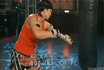 mma-gifs:  Sport Science S02E11: World’s Toughest Woman (June/21/2009) “Gina can land all 8 blows in a blistering 3 seconds. And how much does this maelstrom combine to generate? An amazing 4,800 pounds of force. That’s like a North Pacific